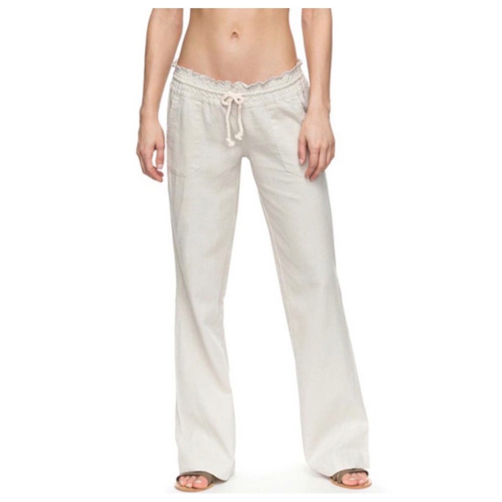 Roxy Linen Drawstring Pants Pockets Women's XL Minimalist Vacation Natural